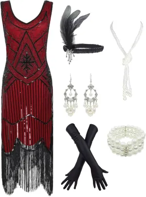 1920s Gatsby Sequin Fringed Paisley Flapper Dress with 20s Accessories Set