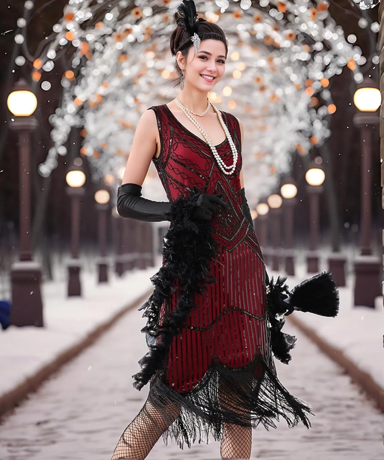 1920s Gatsby Sequin Fringed Paisley Flapper Dress with 20s Accessories Set