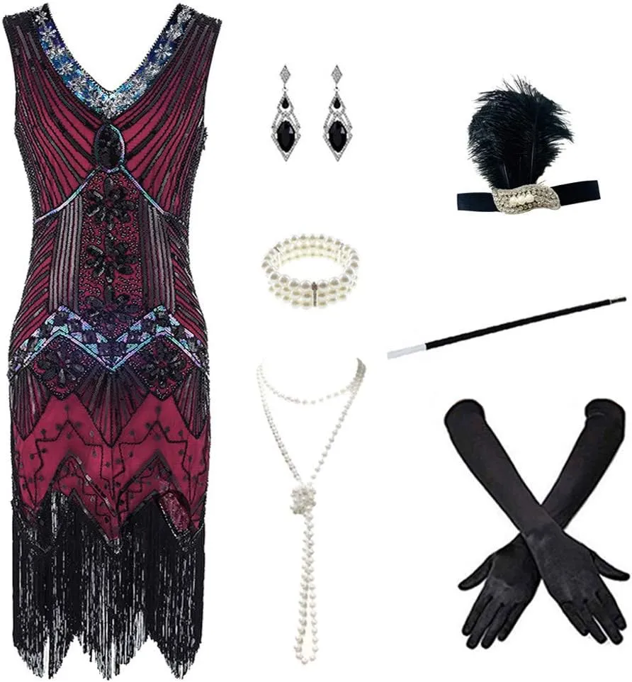 1920s Women's Gatsby Costume Flapper Dresses V Neck Fringed Dress with 20s Accessories Set of 7