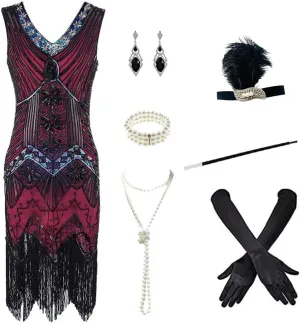 1920s Women's Gatsby Costume Flapper Dresses V Neck Fringed Dress with 20s Accessories Set of 7