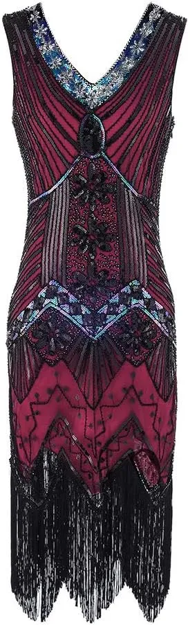 1920s Women's Gatsby Costume Flapper Dresses V Neck Fringed Dress with 20s Accessories Set of 7