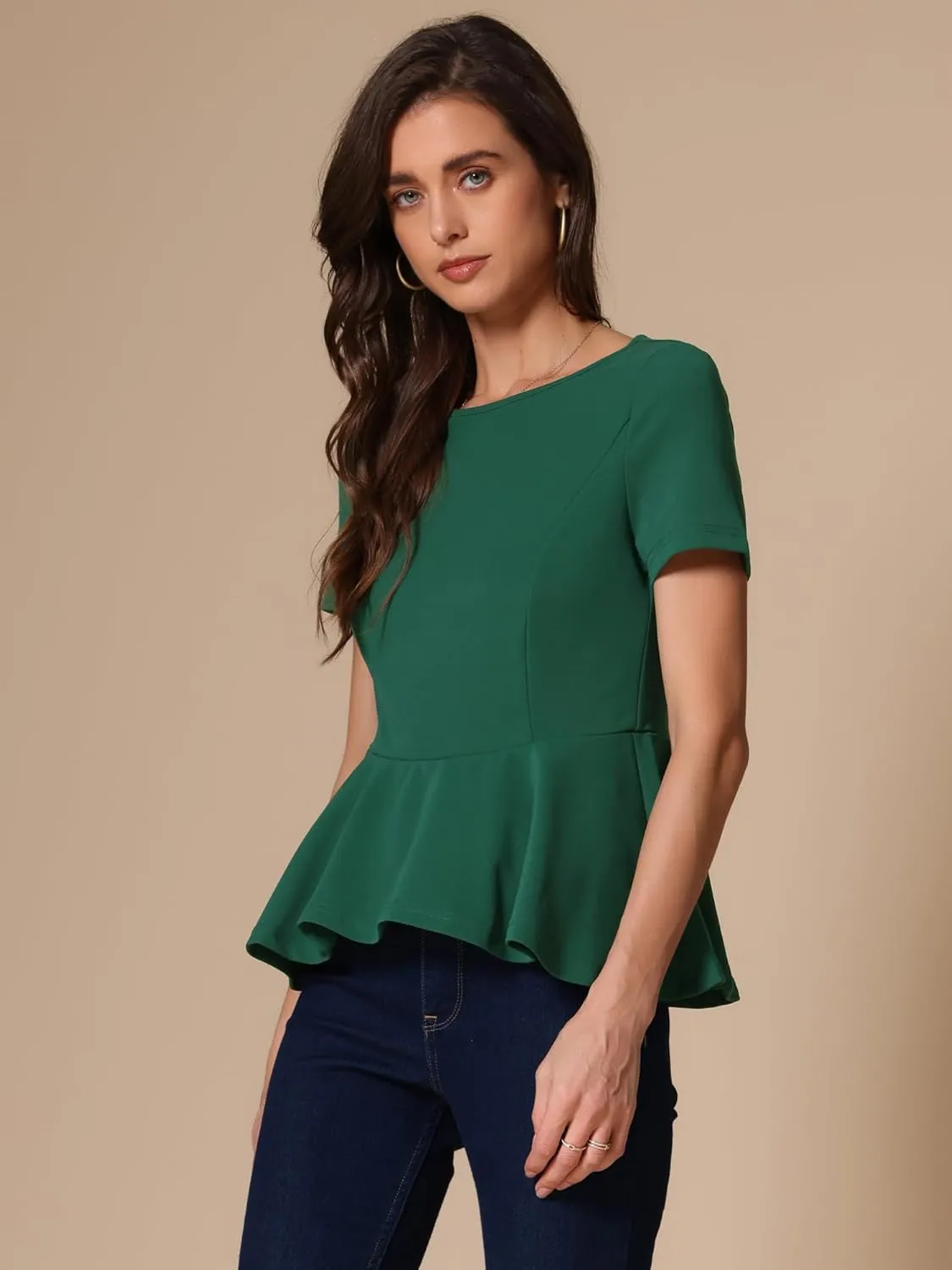 Allegra K Elegant Peplum Tops for Women's St Patrick's Day Short Sleeve Round Neck Dressy Casual Blouse Shirt