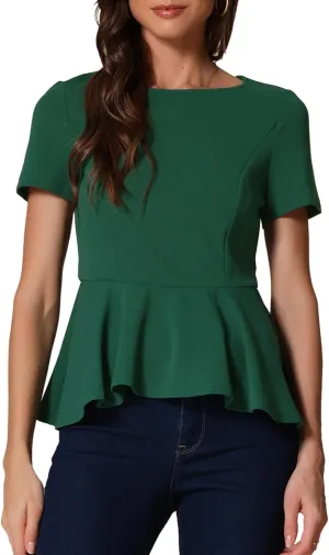Allegra K Elegant Peplum Tops for Women's St Patrick's Day Short Sleeve Round Neck Dressy Casual Blouse Shirt