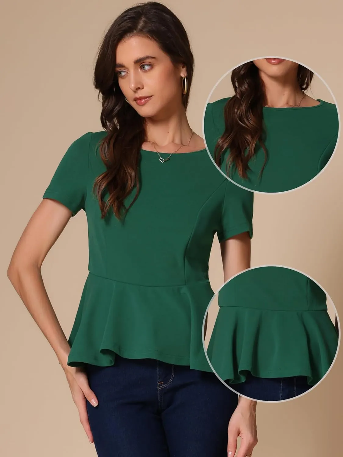 Allegra K Elegant Peplum Tops for Women's St Patrick's Day Short Sleeve Round Neck Dressy Casual Blouse Shirt