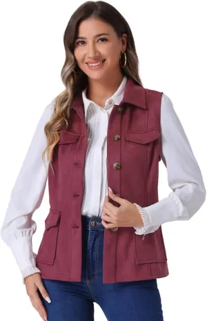 Allegra K Women's Faux Suede Vest Utility Buttoned Sleeveless Jacket with Cargo Pocket