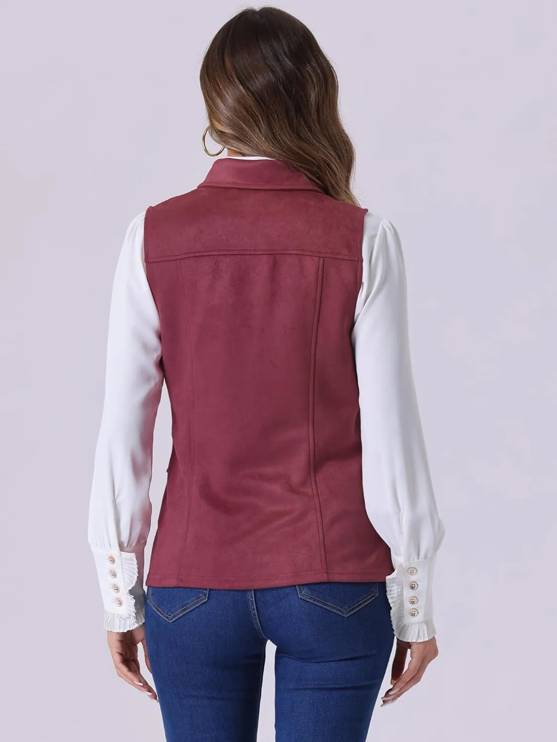 Allegra K Women's Faux Suede Vest Utility Buttoned Sleeveless Jacket with Cargo Pocket