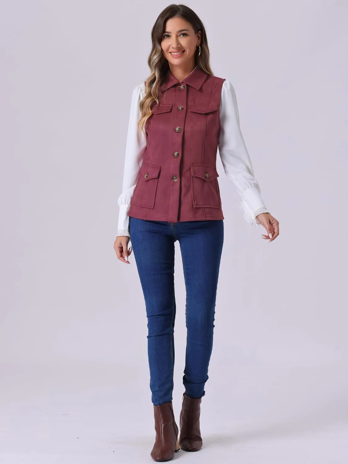 Allegra K Women's Faux Suede Vest Utility Buttoned Sleeveless Jacket with Cargo Pocket
