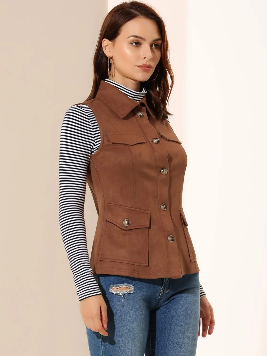 Allegra K Women's Faux Suede Vest Utility Buttoned Sleeveless Jacket with Cargo Pocket