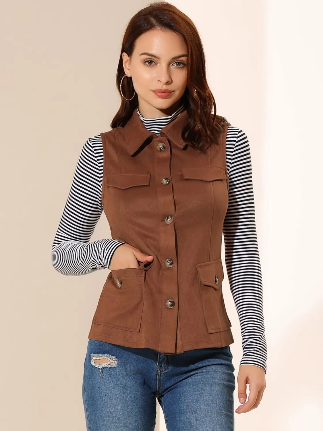 Allegra K Women's Faux Suede Vest Utility Buttoned Sleeveless Jacket with Cargo Pocket