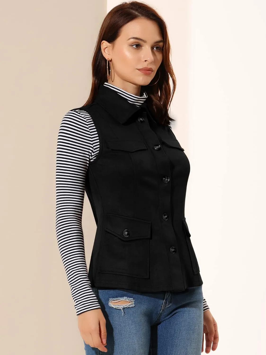 Allegra K Women's Faux Suede Vest Utility Buttoned Sleeveless Jacket with Cargo Pocket