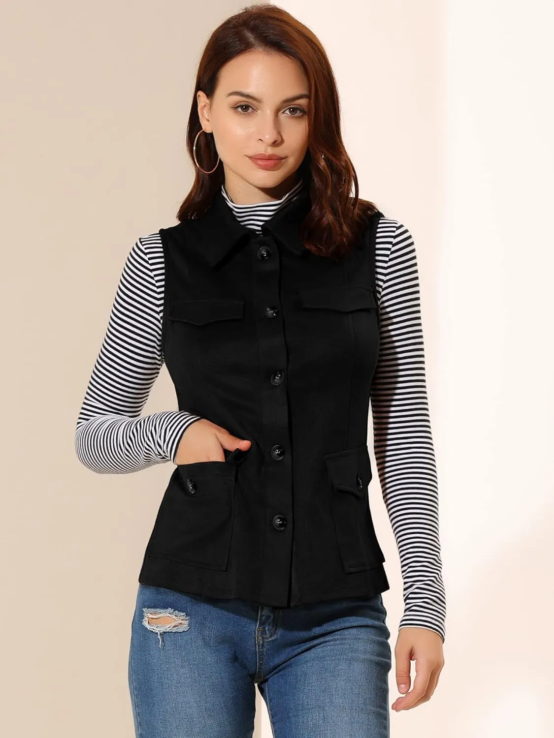 Allegra K Women's Faux Suede Vest Utility Buttoned Sleeveless Jacket with Cargo Pocket