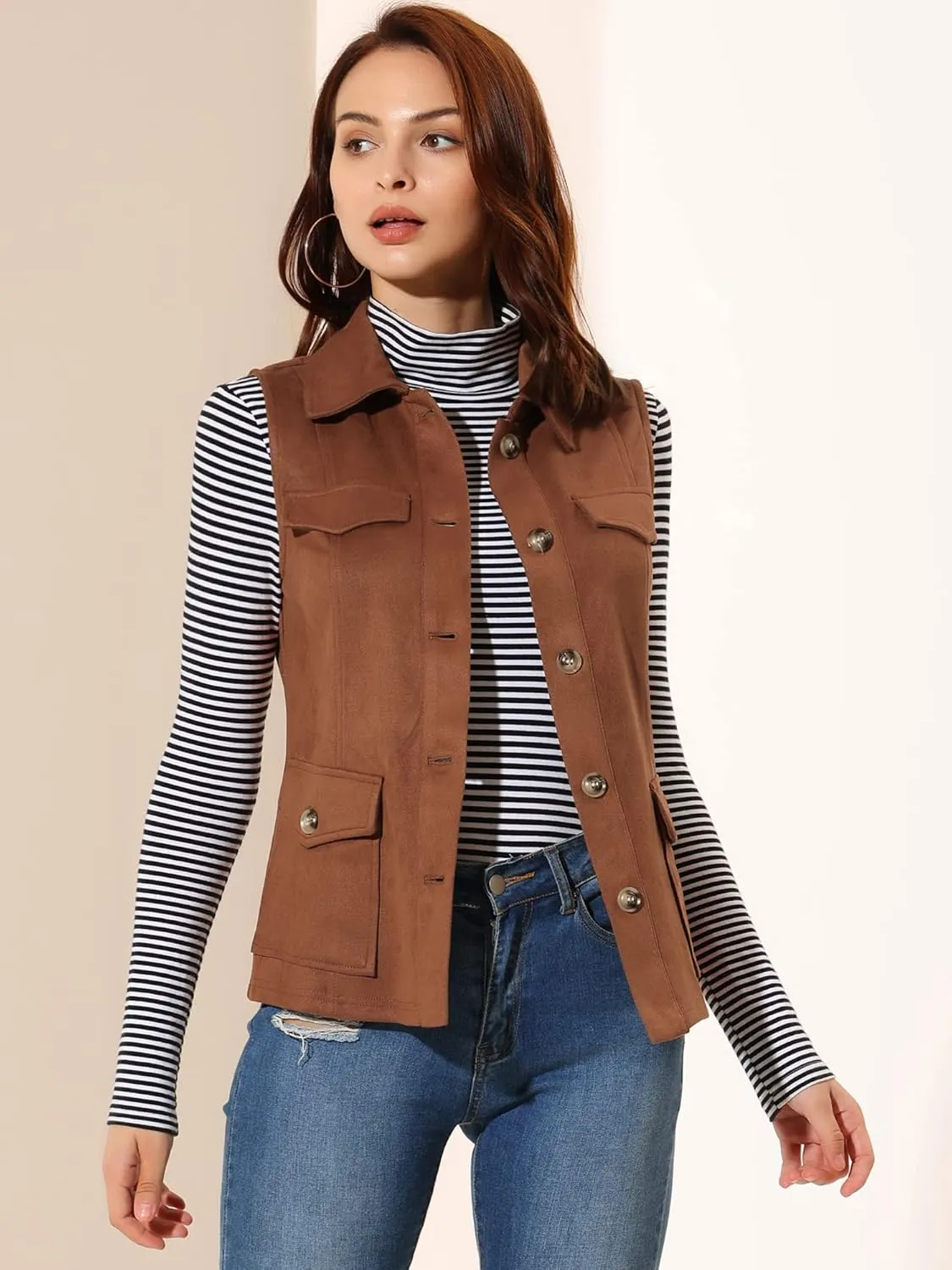Allegra K Women's Faux Suede Vest Utility Buttoned Sleeveless Jacket with Cargo Pocket