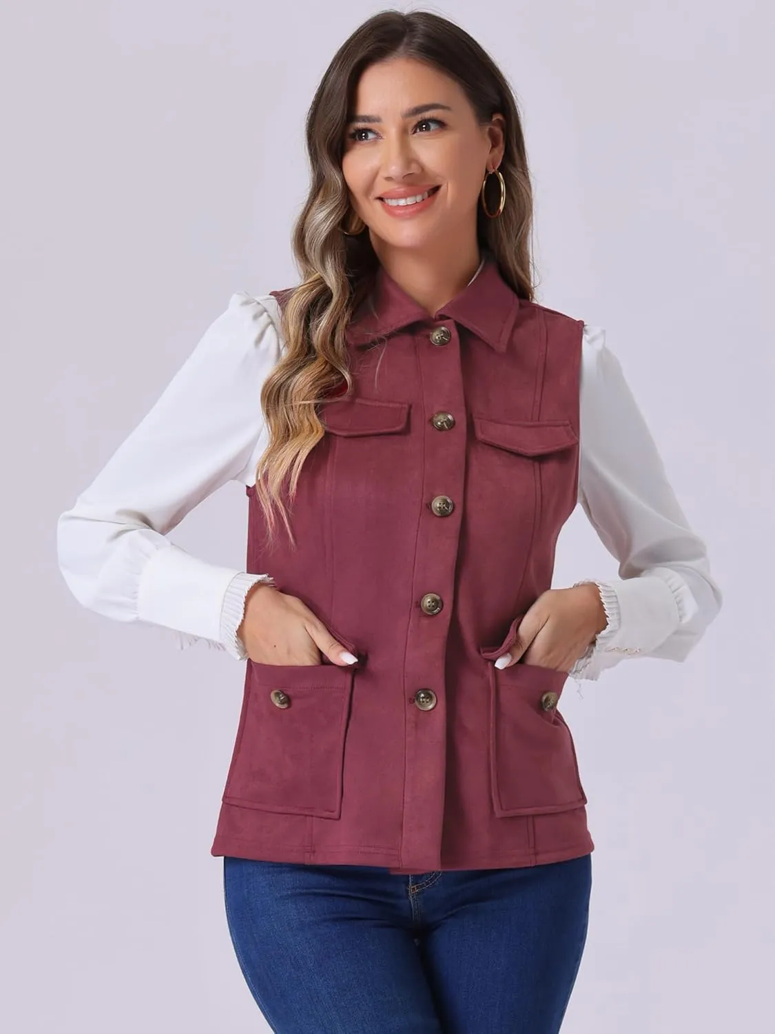 Allegra K Women's Faux Suede Vest Utility Buttoned Sleeveless Jacket with Cargo Pocket