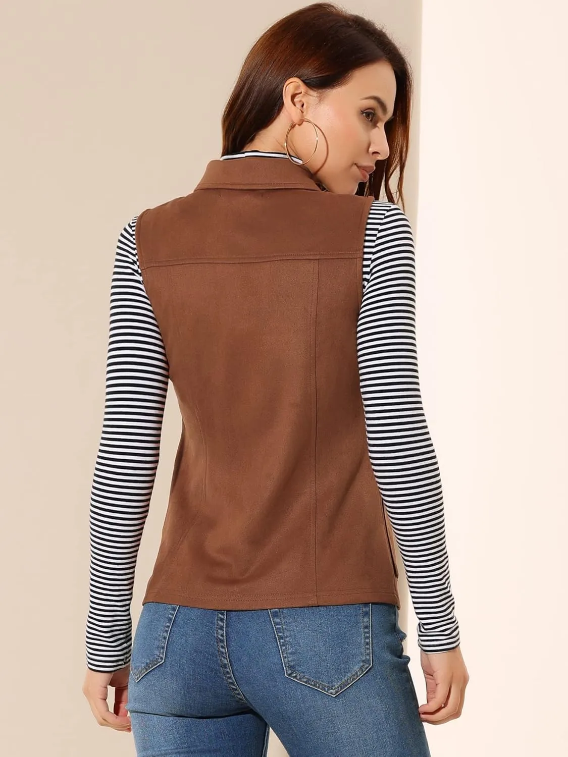 Allegra K Women's Faux Suede Vest Utility Buttoned Sleeveless Jacket with Cargo Pocket