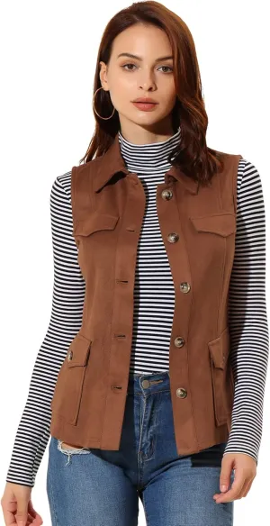 Allegra K Women's Faux Suede Vest Utility Buttoned Sleeveless Jacket with Cargo Pocket