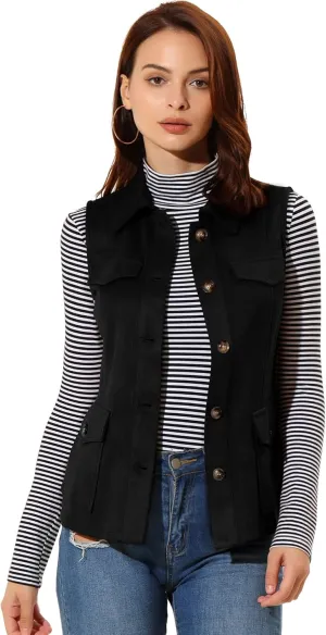 Allegra K Women's Faux Suede Vest Utility Buttoned Sleeveless Jacket with Cargo Pocket
