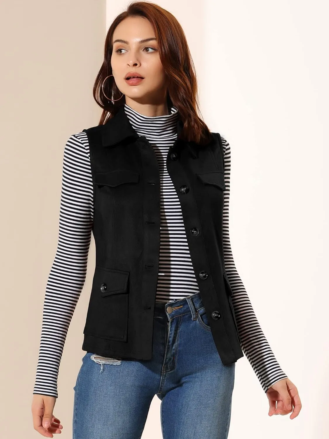 Allegra K Women's Faux Suede Vest Utility Buttoned Sleeveless Jacket with Cargo Pocket