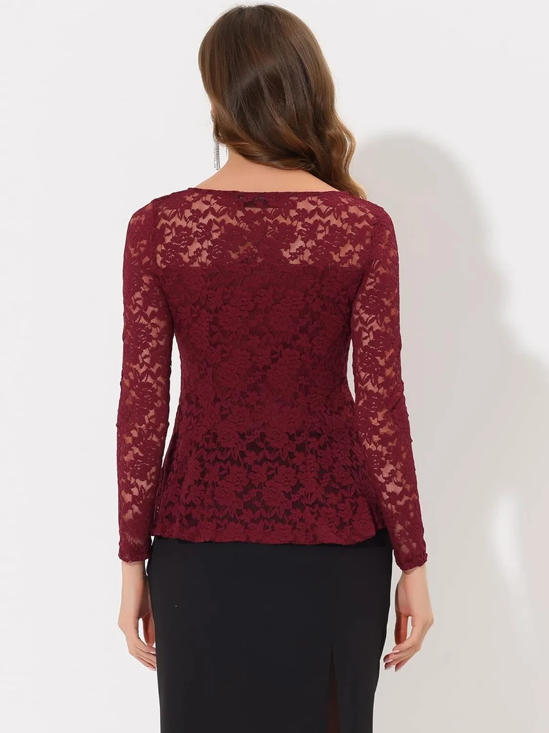 Allegra K Women's Lace Tops Keyhole Front Peplum Hem Sheer Long Sleeve Blouse