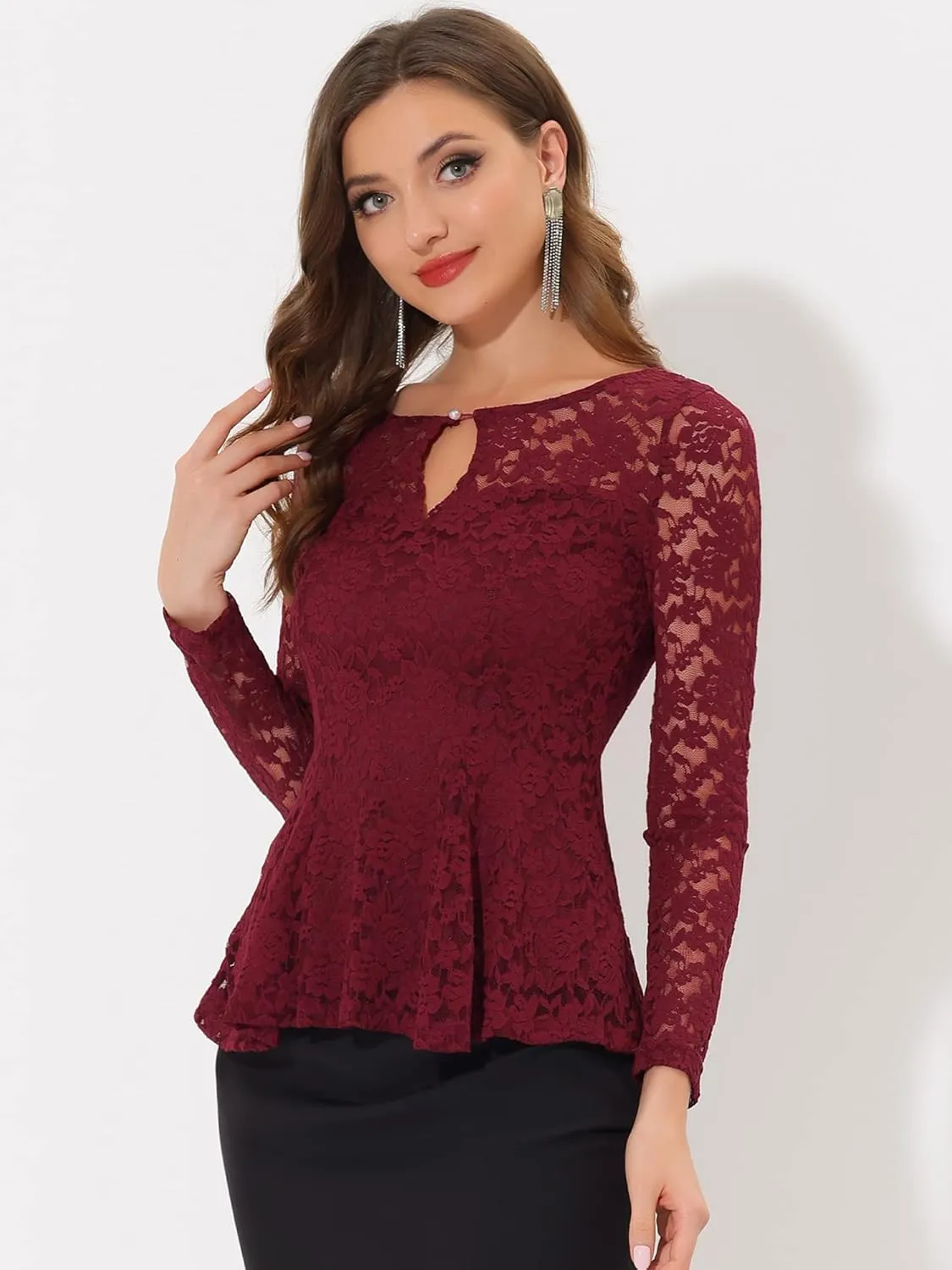 Allegra K Women's Lace Tops Keyhole Front Peplum Hem Sheer Long Sleeve Blouse