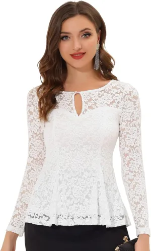 Allegra K Women's Lace Tops Keyhole Front Peplum Hem Sheer Long Sleeve Blouse