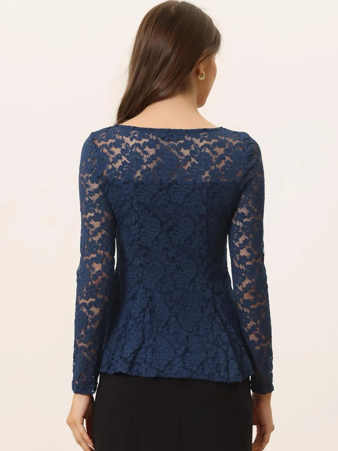Allegra K Women's Lace Tops Keyhole Front Peplum Hem Sheer Long Sleeve Blouse