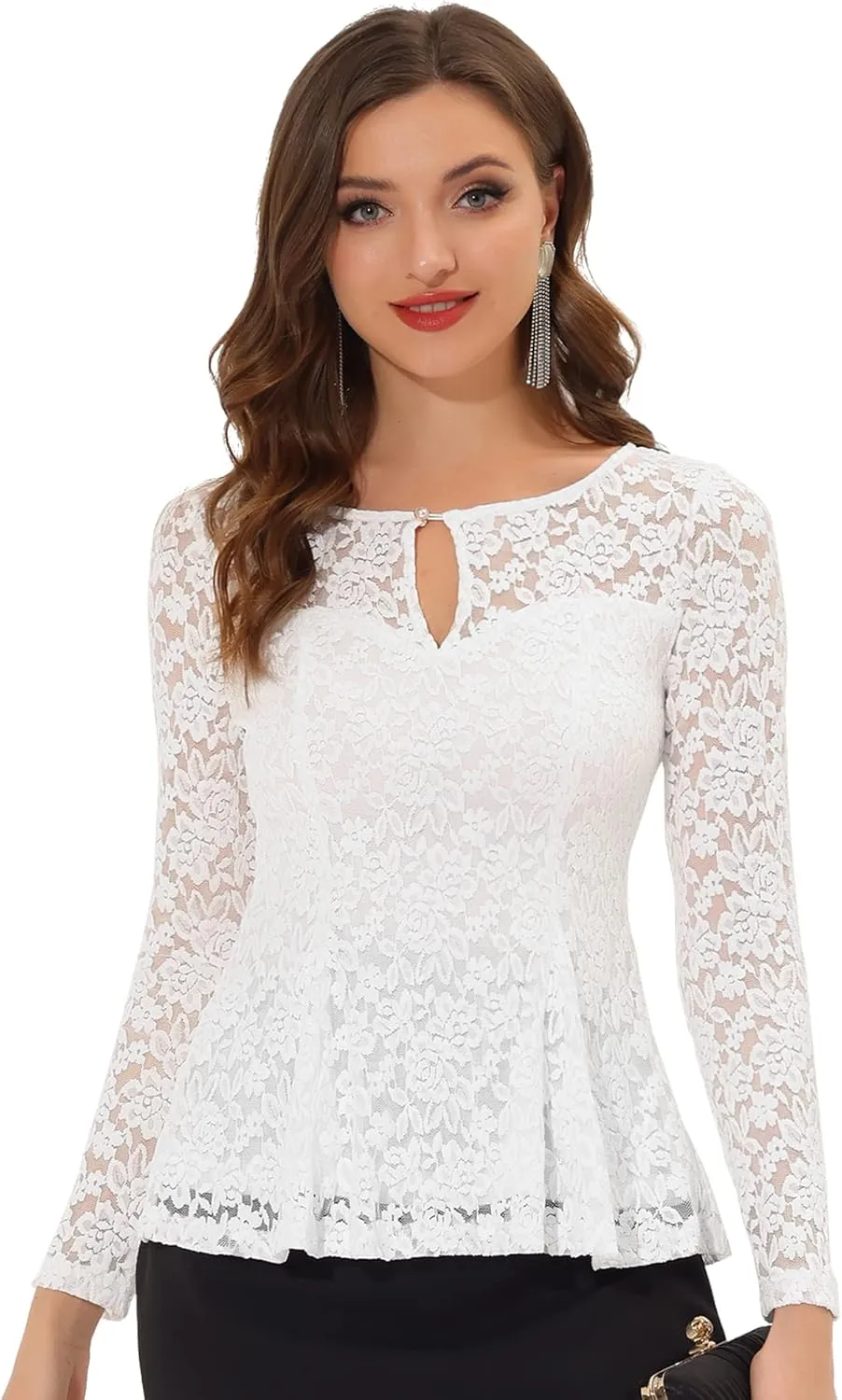 Allegra K Women's Lace Tops Keyhole Front Peplum Hem Sheer Long Sleeve Blouse