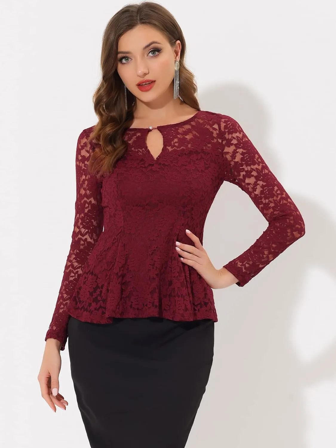 Allegra K Women's Lace Tops Keyhole Front Peplum Hem Sheer Long Sleeve Blouse