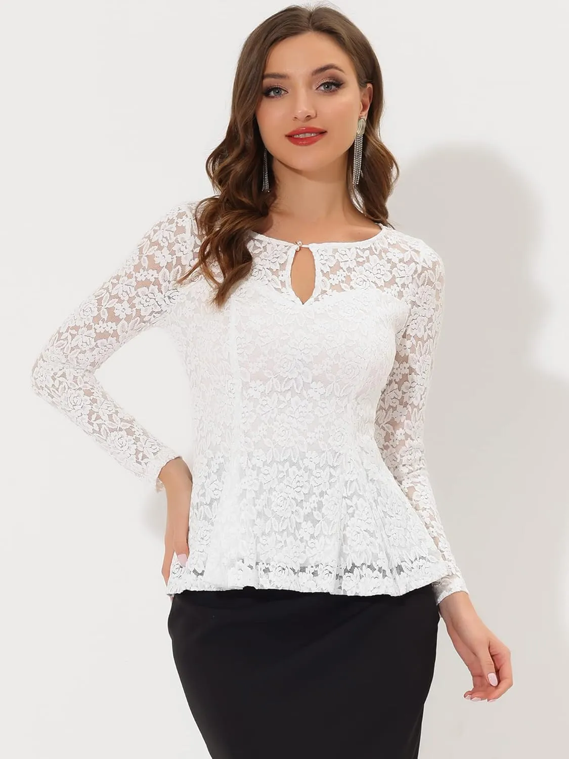 Allegra K Women's Lace Tops Keyhole Front Peplum Hem Sheer Long Sleeve Blouse