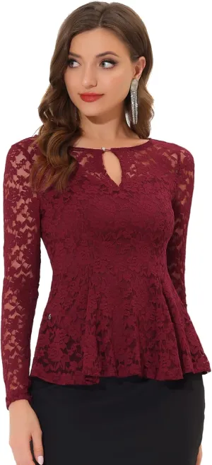 Allegra K Women's Lace Tops Keyhole Front Peplum Hem Sheer Long Sleeve Blouse