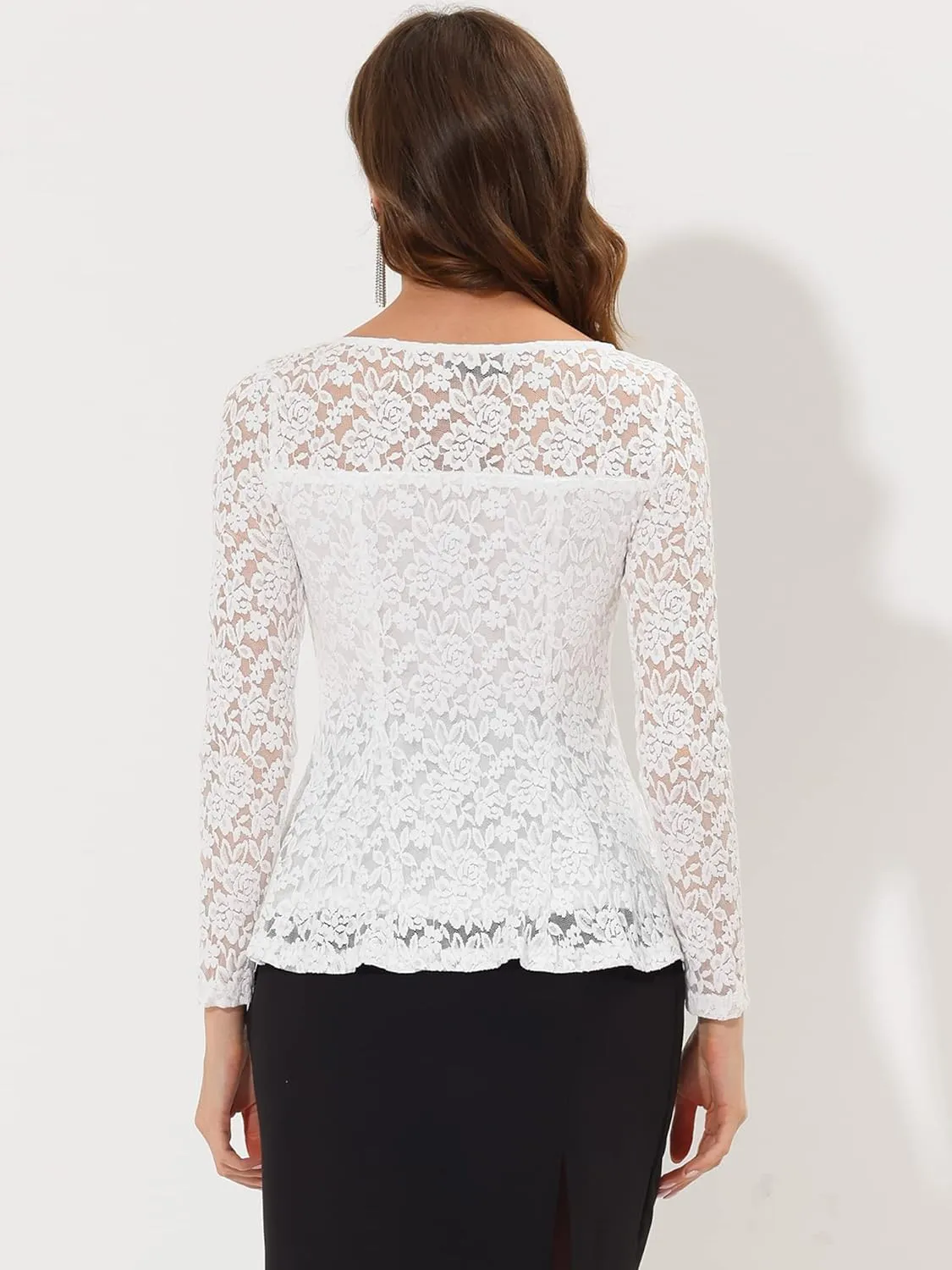 Allegra K Women's Lace Tops Keyhole Front Peplum Hem Sheer Long Sleeve Blouse