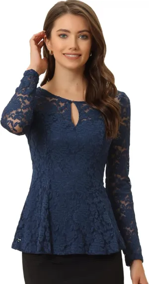 Allegra K Women's Lace Tops Keyhole Front Peplum Hem Sheer Long Sleeve Blouse