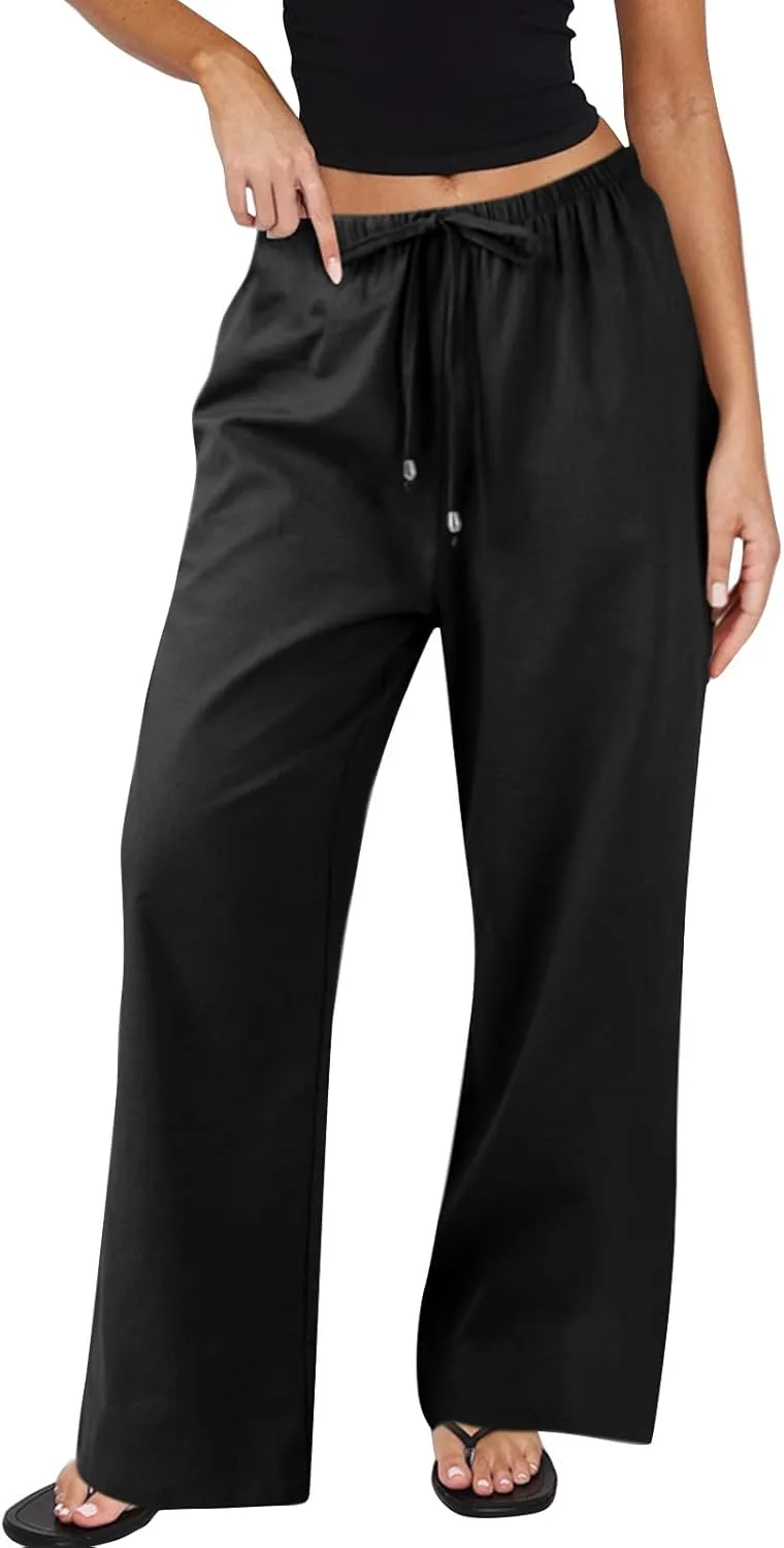 Baggy Linen Pants Women Casual Elastic High Waisted Wide Leg Palazzo Pants Lightweight Flowy Beach Pant Resort Wear