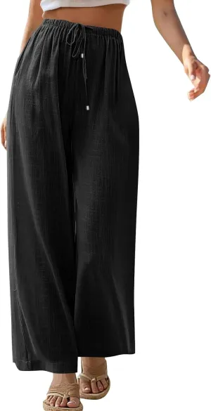 Baggy Linen Pants Women Casual Elastic High Waisted Wide Leg Palazzo Pants Lightweight Flowy Beach Pant Resort Wear