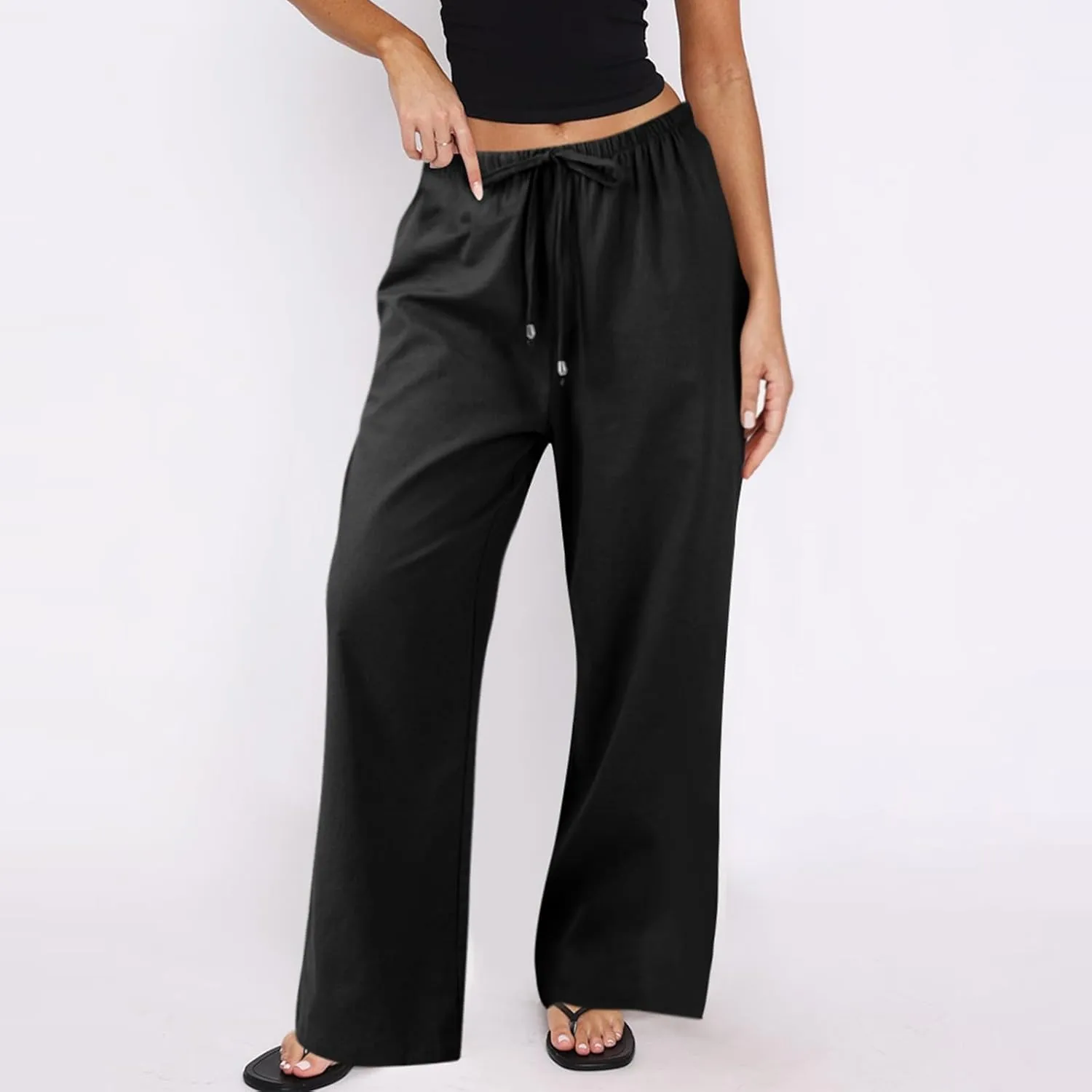 Baggy Linen Pants Women Casual Elastic High Waisted Wide Leg Palazzo Pants Lightweight Flowy Beach Pant Resort Wear