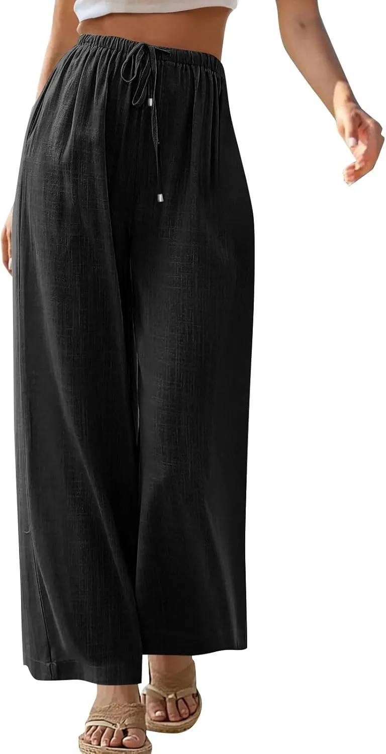 Baggy Linen Pants Women Casual Elastic High Waisted Wide Leg Palazzo Pants Lightweight Flowy Beach Pant Resort Wear