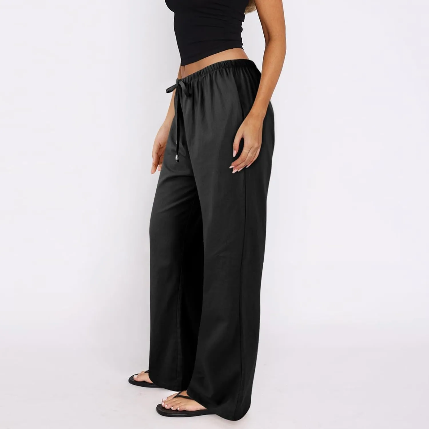 Baggy Linen Pants Women Casual Elastic High Waisted Wide Leg Palazzo Pants Lightweight Flowy Beach Pant Resort Wear