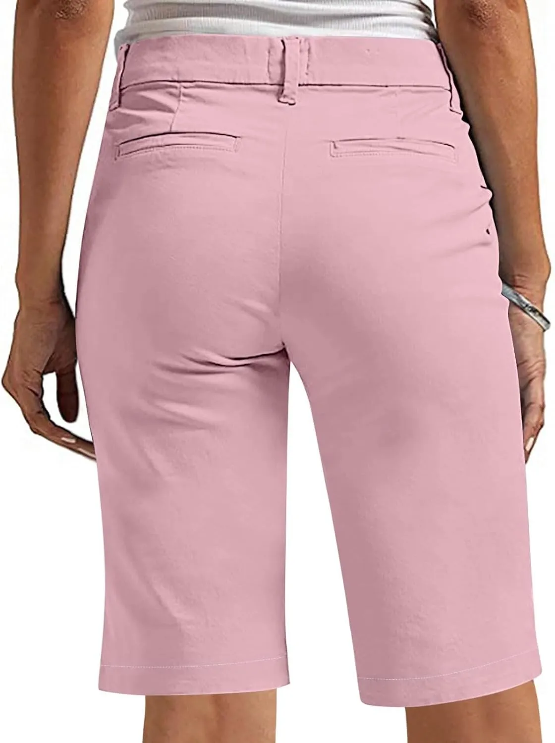 Bermuda Shorts for Women Knee Length Chino Elastic Waist Draw String Shorts Summer Drawstring Capris Pants with Pockets
