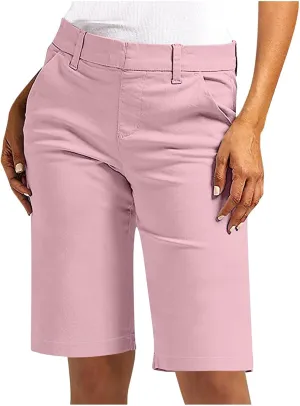 Bermuda Shorts for Women Knee Length Chino Elastic Waist Draw String Shorts Summer Drawstring Capris Pants with Pockets