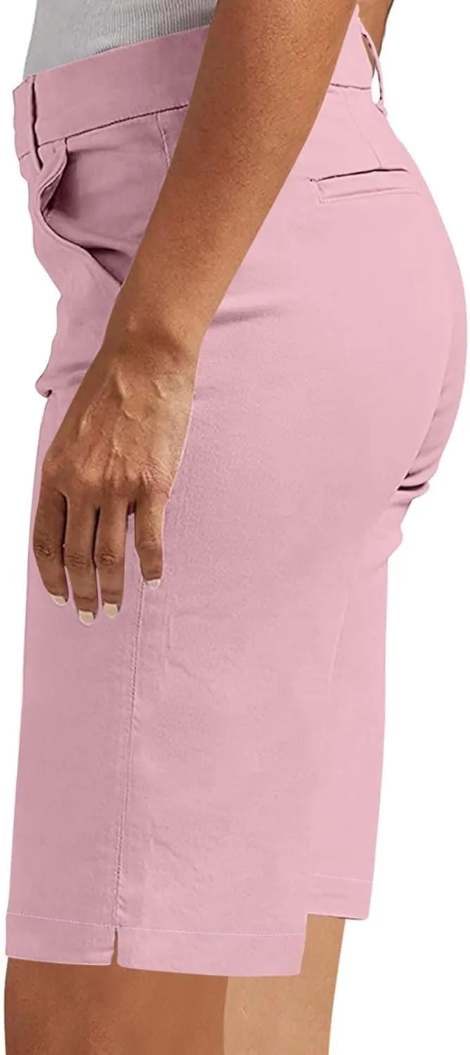 Bermuda Shorts for Women Knee Length Chino Elastic Waist Draw String Shorts Summer Drawstring Capris Pants with Pockets