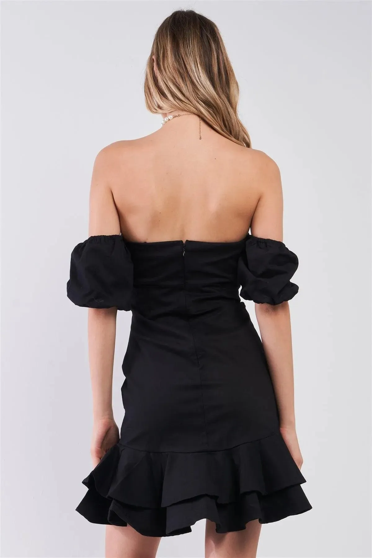 Black Sweetheart Neck Off-The-Shoulder Fitted Layered Flare Mini Dress /1-2-2-1