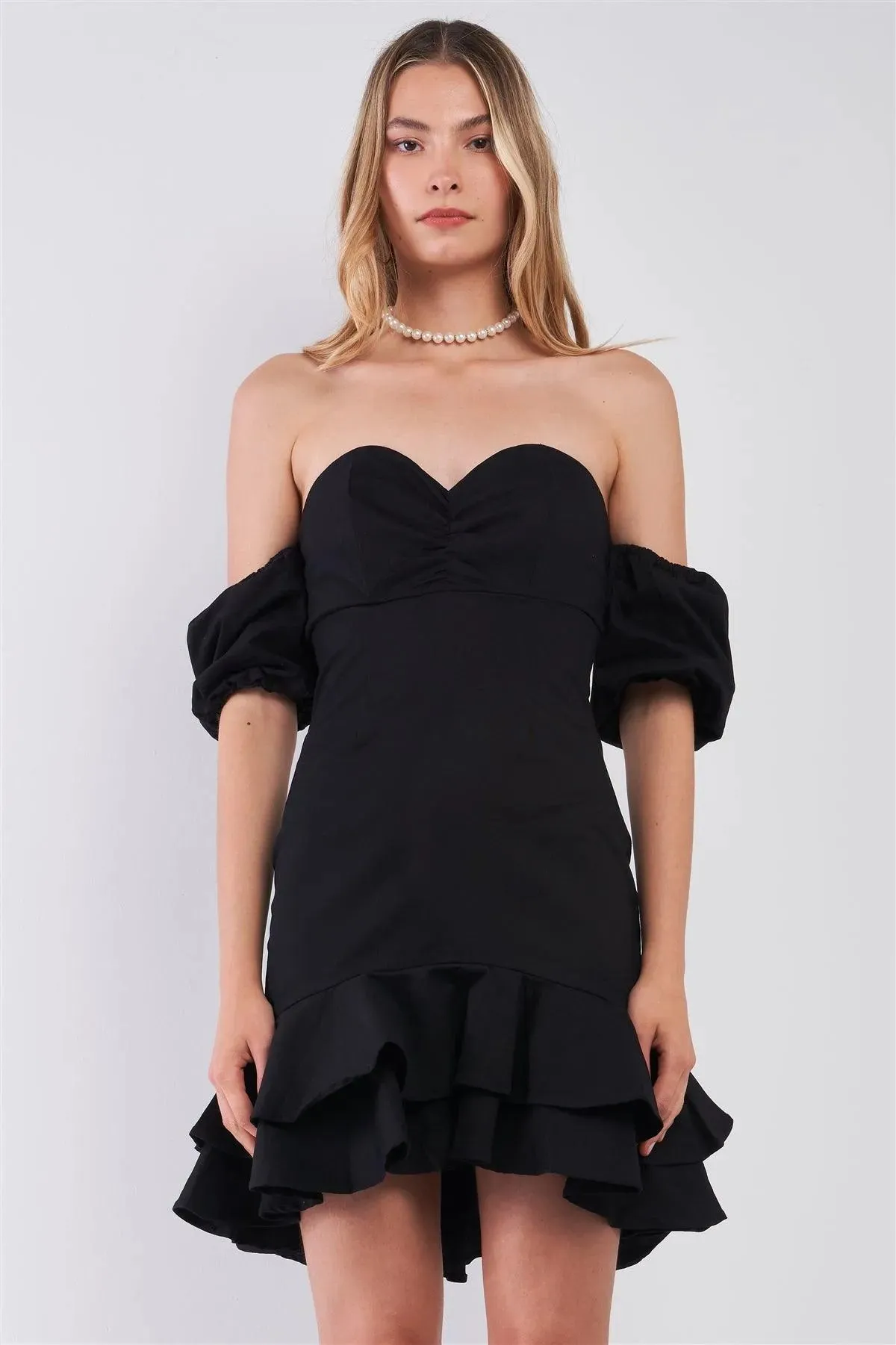 Black Sweetheart Neck Off-The-Shoulder Fitted Layered Flare Mini Dress /1-2-2-1