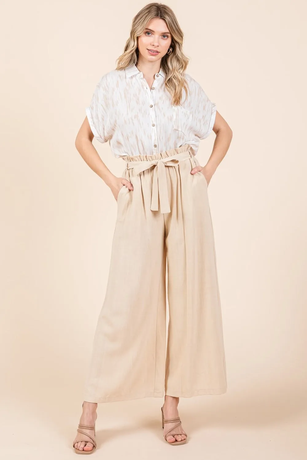 Blue Zone Planet |  Mittoshop High Waist Tie Front Wide Leg Pants