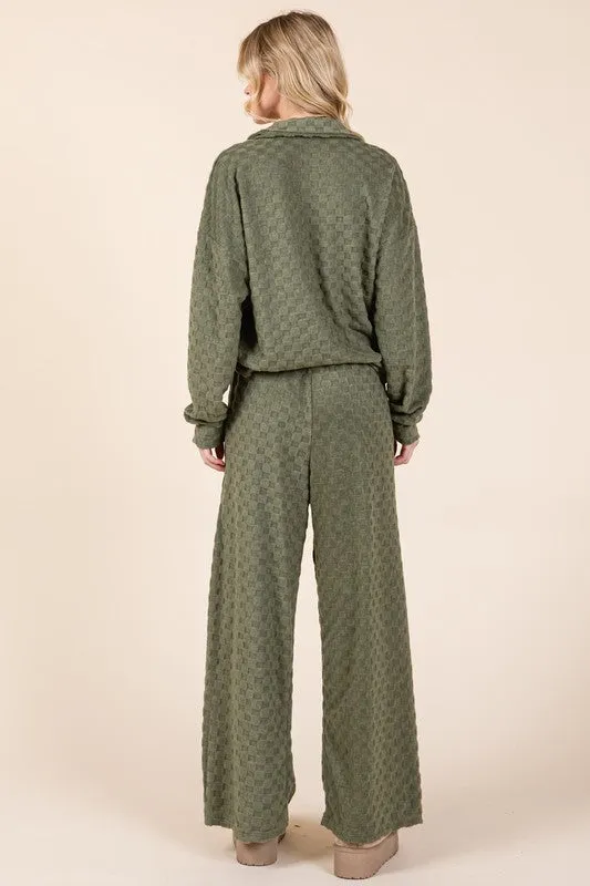 BOMBOM Women Outfit Set Textured Top Tied Checkered Wide Leg Pants
