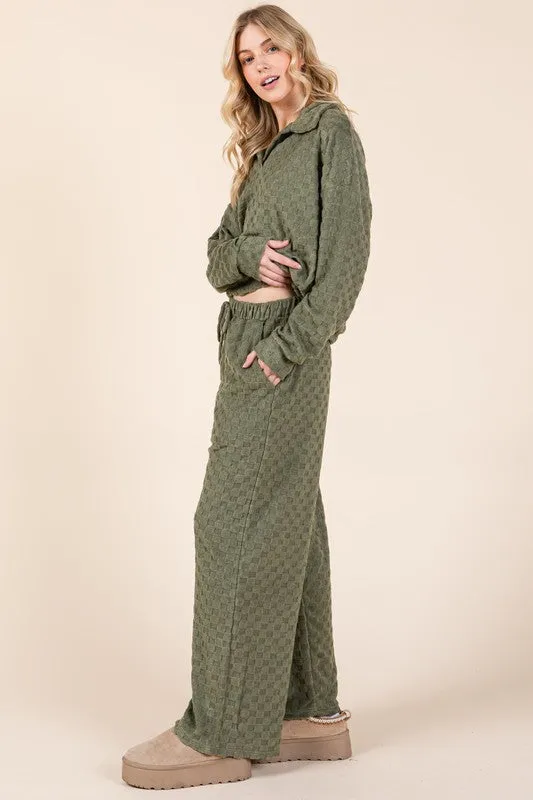 BOMBOM Women Outfit Set Textured Top Tied Checkered Wide Leg Pants