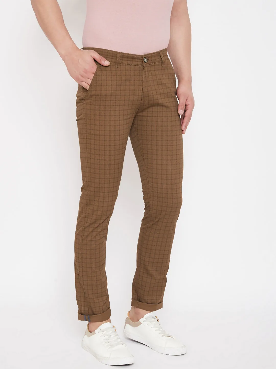 Brown Slim Fit Checked Trousers