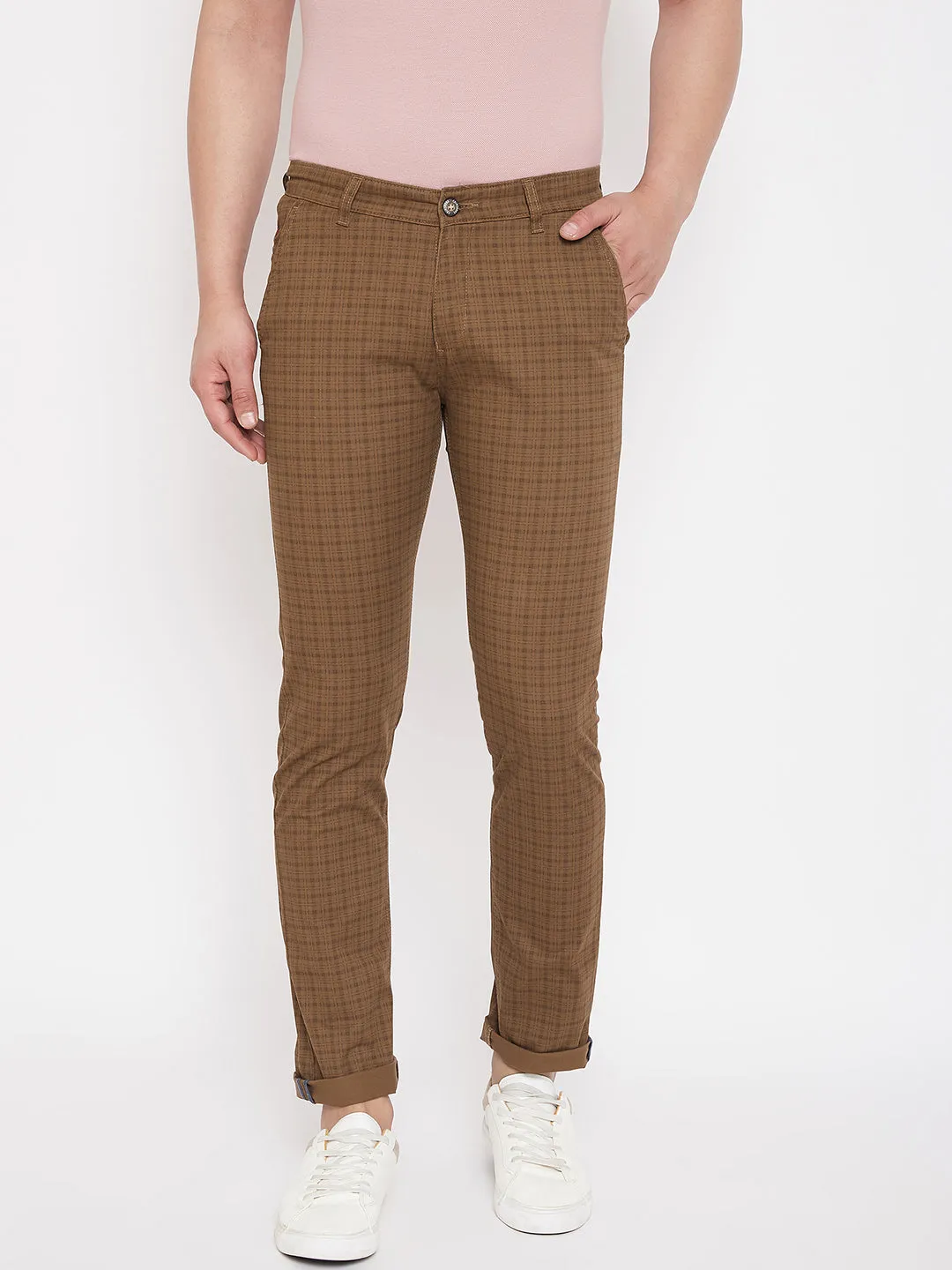 Brown Slim Fit Checked Trousers