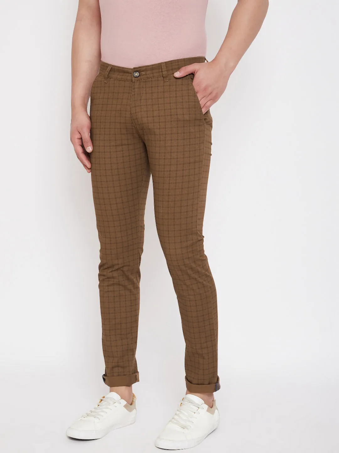 Brown Slim Fit Checked Trousers