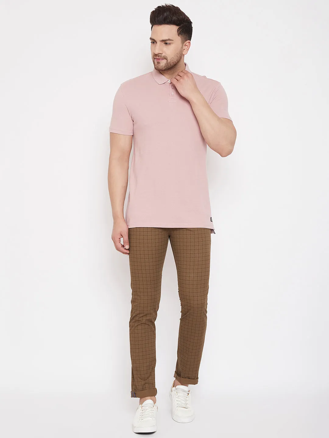 Brown Slim Fit Checked Trousers