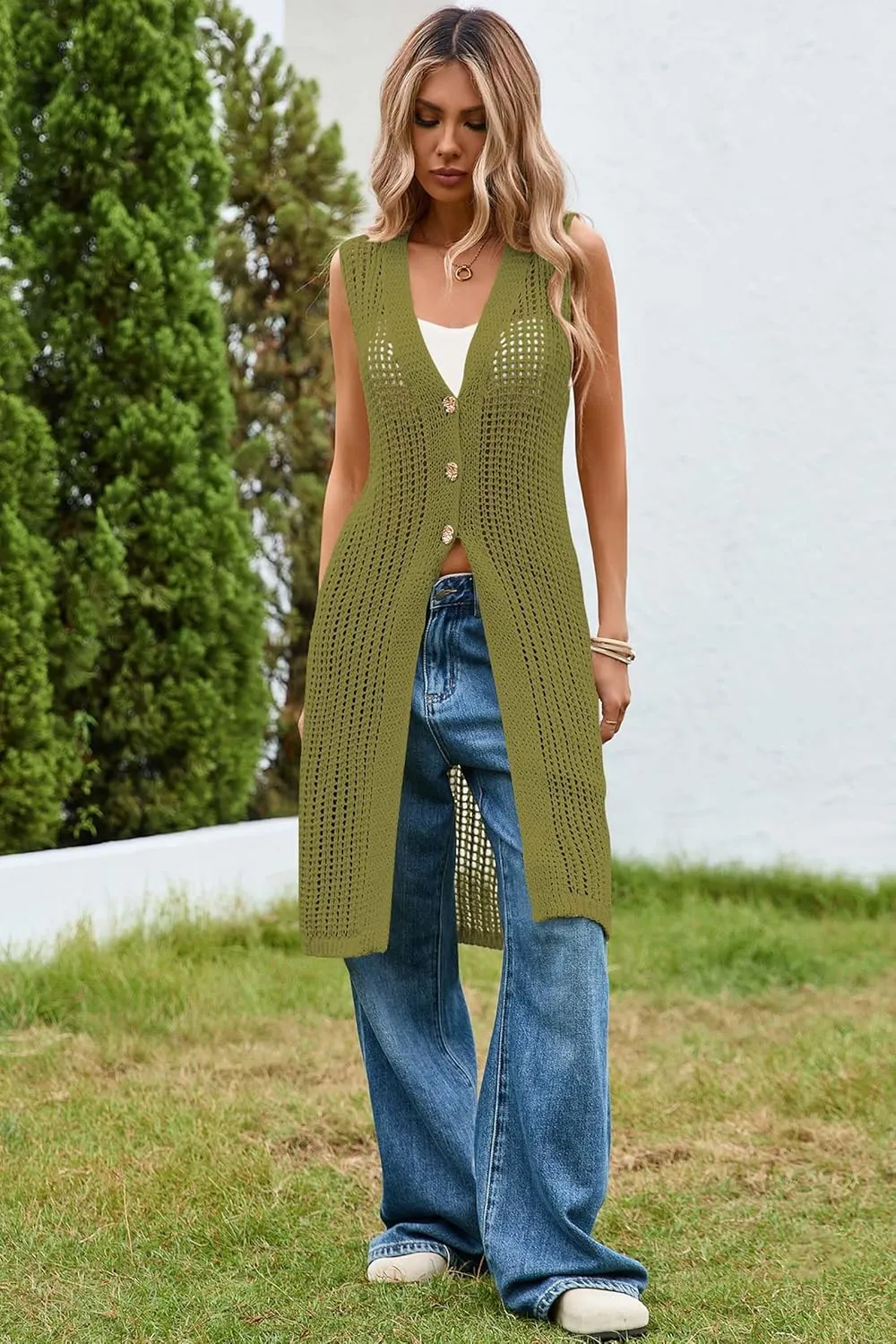 Cakulo Womens Sleeveless Crochet Cardigans Beach Cover Up 2025 Summer Long Knit Sweater Vest Tops