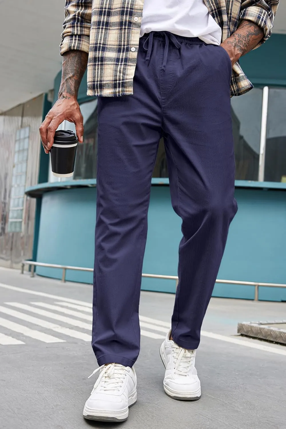 COOFANDY Mens Casual Pants Elastic Waist Drawstring Chino Pants Cotton Twill Trousers with Pockets